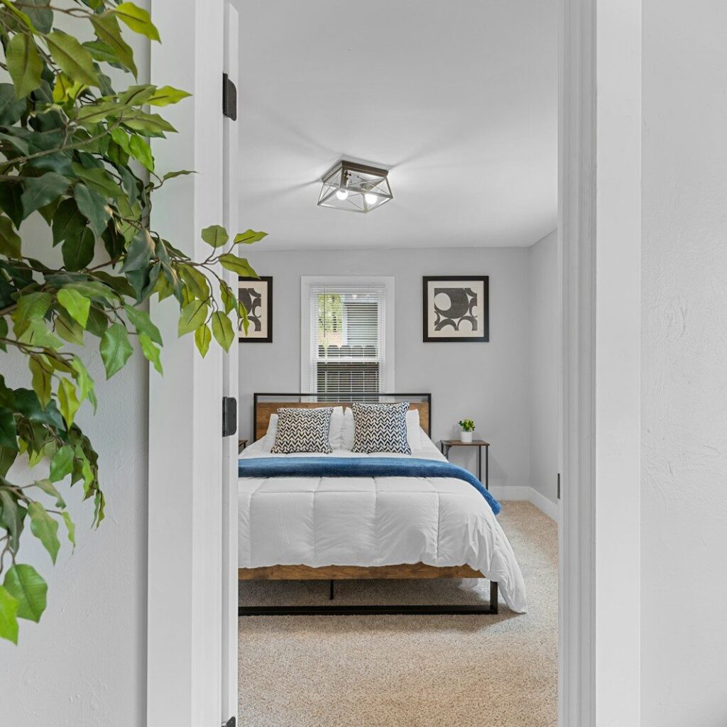 a bedroom with a bed and a plant in the corner